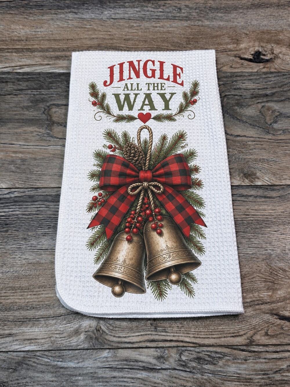 Jingle All The Way Christmas Bells Buffalo Plaid Kitchen Towel Holiday Decor